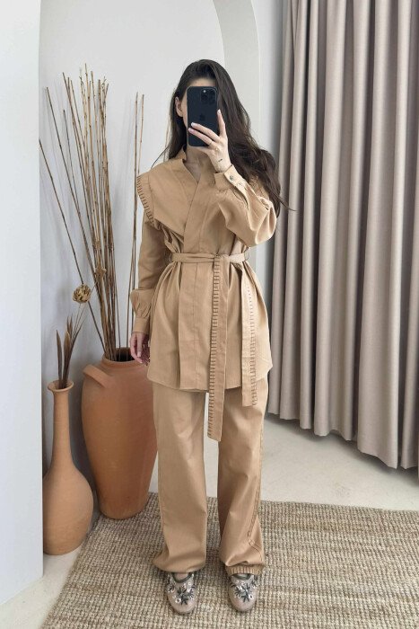 ONE COLOR LACING CARDIGAN+TROUSERS WOMEN SET LIGHT BROWN/KAZB - KLAUDIO FASHION