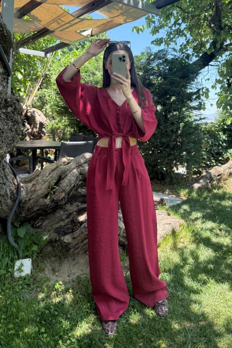 ONE COLOR LACING CROP TOP+ TROUSERS WOMEN SET BURGUNDY/VISHNJE - 1