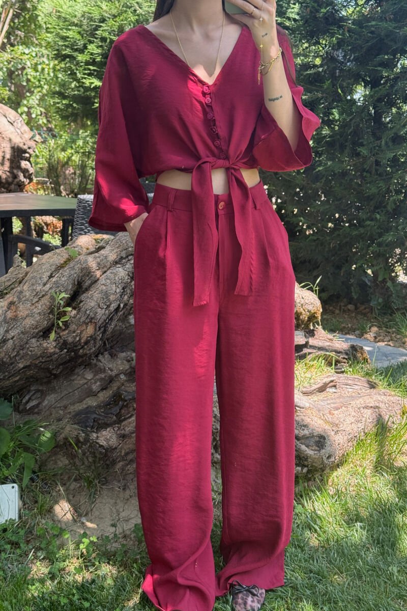 ONE COLOR LACING CROP TOP+ TROUSERS WOMEN SET BURGUNDY/VISHNJE - 2