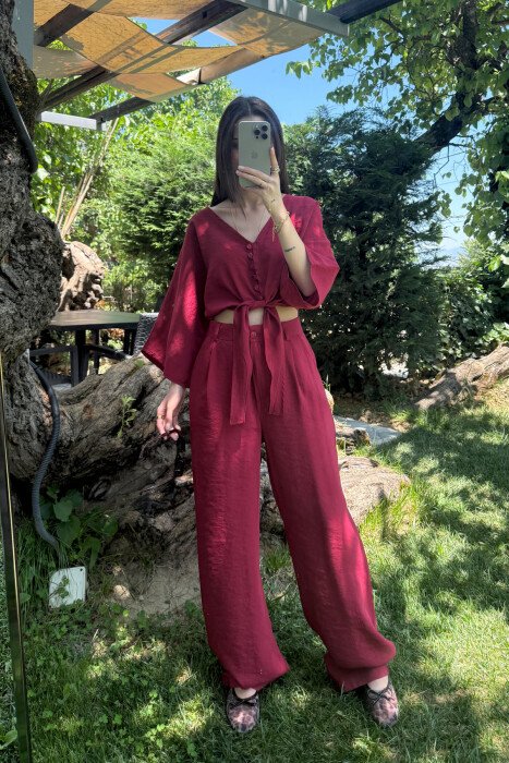 ONE COLOR LACING CROP TOP+ TROUSERS WOMEN SET BURGUNDY/VISHNJE - 4