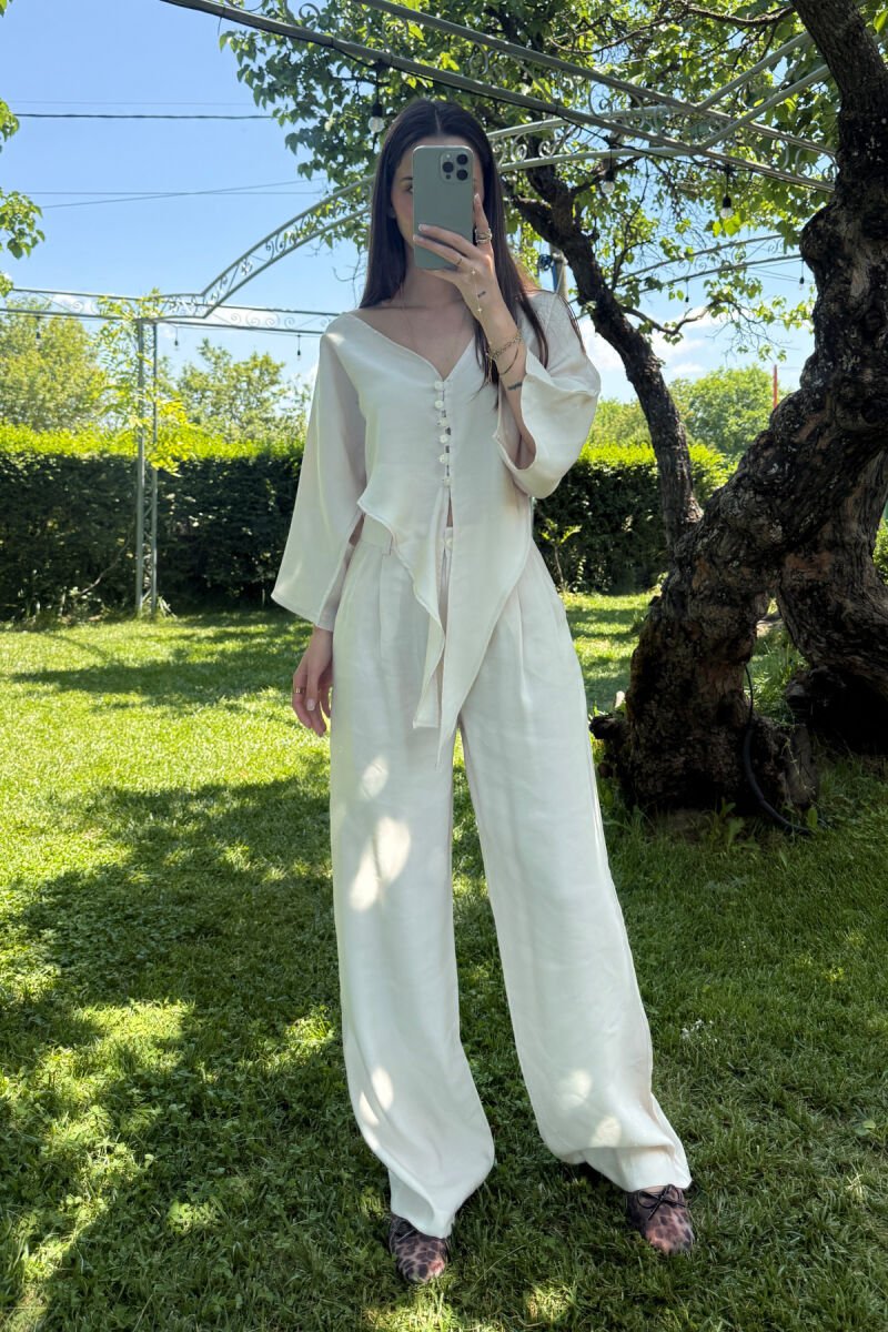 ONE COLOR LACING CROP TOP+ TROUSERS WOMEN SET CREAM/KREM - 1