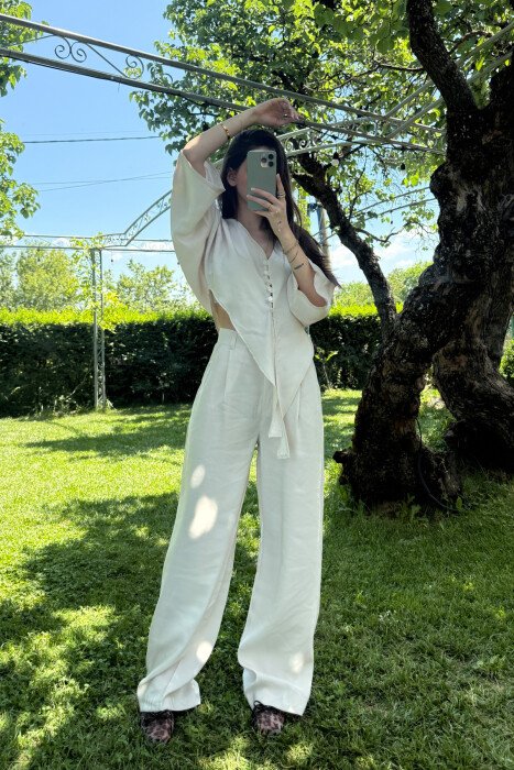 ONE COLOR LACING CROP TOP+ TROUSERS WOMEN SET CREAM/KREM - 2