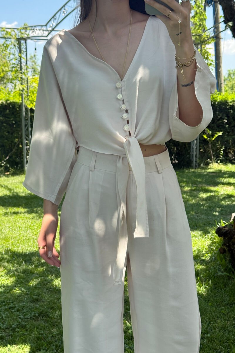 ONE COLOR LACING CROP TOP+ TROUSERS WOMEN SET CREAM/KREM - 3