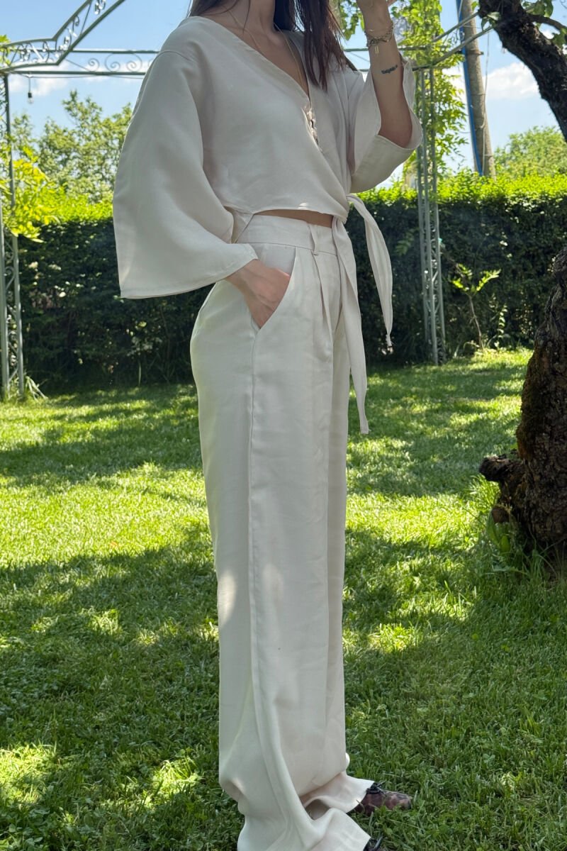 ONE COLOR LACING CROP TOP+ TROUSERS WOMEN SET CREAM/KREM - 4