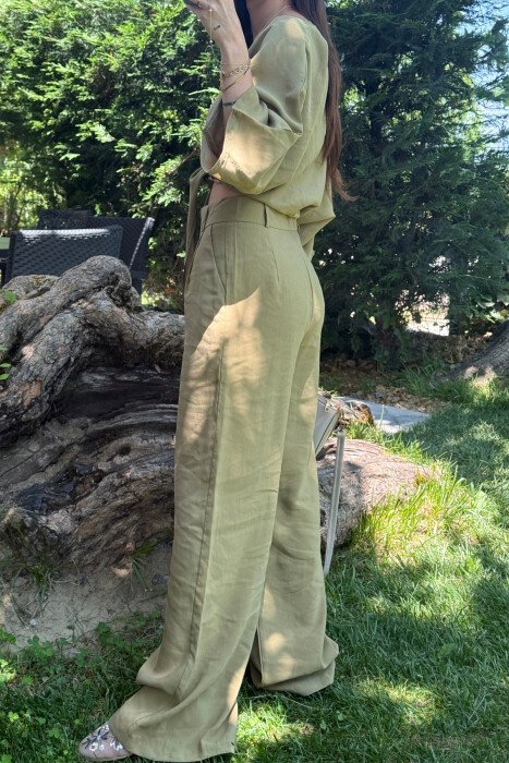 ONE COLOR LACING CROP TOP+ TROUSERS WOMEN SET OLIVE/ULLI - 3