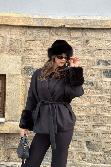 ONE COLOR LACING DETAIL FAUX FUR SLEEVE WOMEN COAT BLACK/ E ZEZE - 4