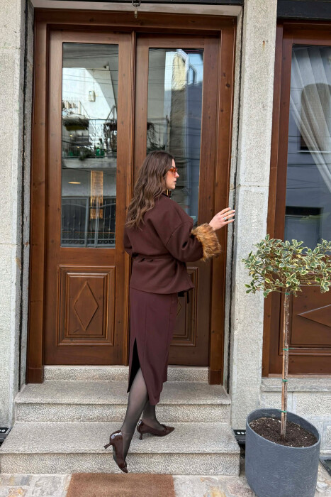 ONE COLOR LACING DETAIL FAUX FUR SLEEVE WOMEN COAT BROWN/KAFE - 4
