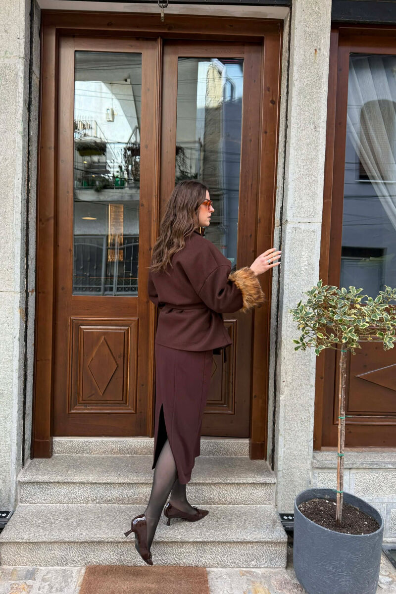 ONE COLOR LACING DETAIL FAUX FUR SLEEVE WOMEN COAT BROWN/KAFE - 4