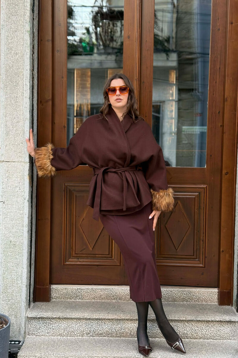 ONE COLOR LACING DETAIL FAUX FUR SLEEVE WOMEN COAT BROWN/KAFE - 5