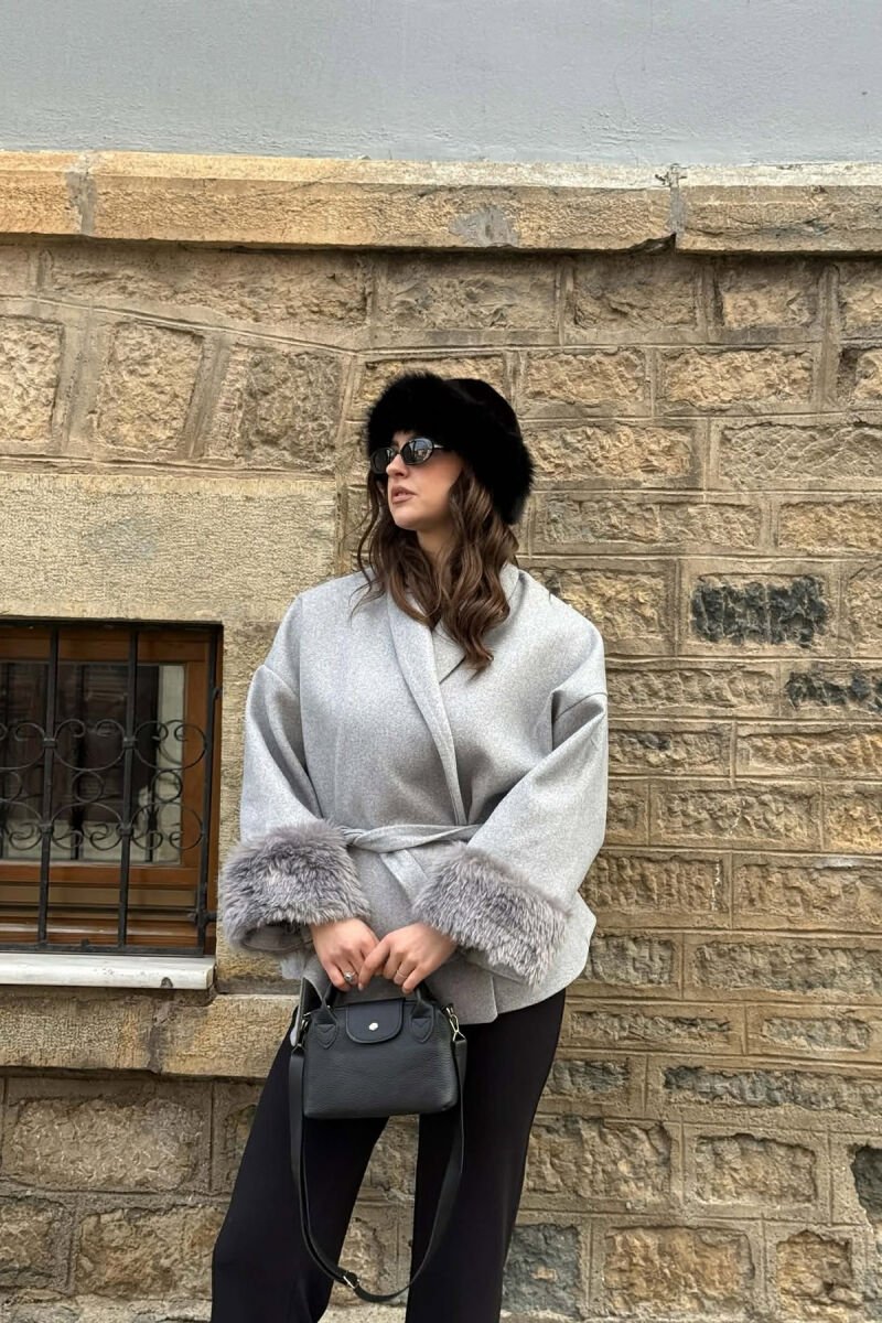 ONE COLOR LACING DETAIL FAUX FUR SLEEVE WOMEN COAT LIGHT GREY/GZ - 4