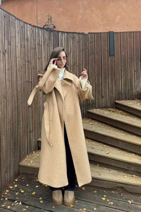 ONE COLOR LACING DETAIL LONG WOMEN COAT BEIGE/BEZHE - KLAUDIO FASHION