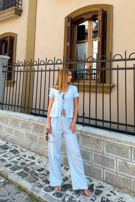 ONE COLOR LACING DETAIL SHIRT + TROUSERS WOMAN SET LIGHT BLUE-LIGHT BLUE/BZ-BZ - 3
