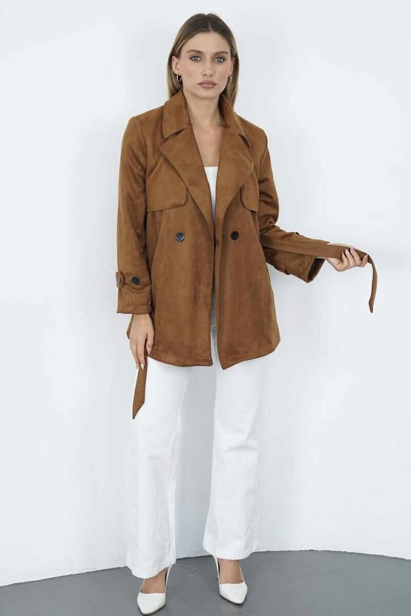 ONE COLOR LACING DETAIL SUEDE WOMEN COAT BROWN/KAFE - 7