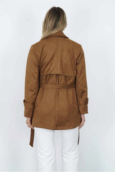 ONE COLOR LACING DETAIL SUEDE WOMEN COAT BROWN/KAFE - 8