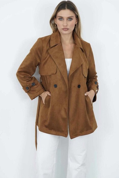ONE COLOR LACING DETAIL SUEDE WOMEN COAT BROWN/KAFE - 9