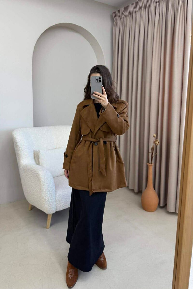 ONE COLOR LACING DETAIL SUEDE WOMEN COAT BROWN/KAFE - 1