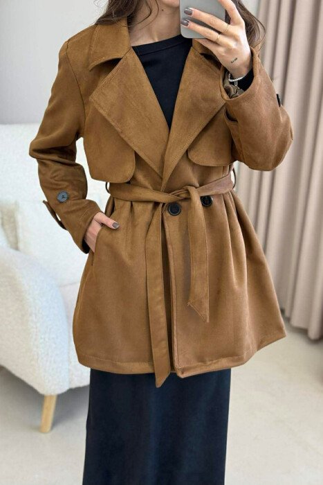 ONE COLOR LACING DETAIL SUEDE WOMEN COAT BROWN/KAFE - 2