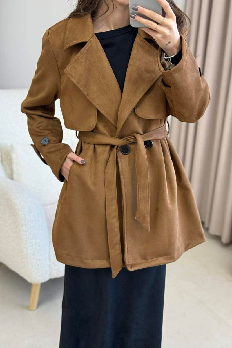 ONE COLOR LACING DETAIL SUEDE WOMEN COAT BROWN/KAFE - 2