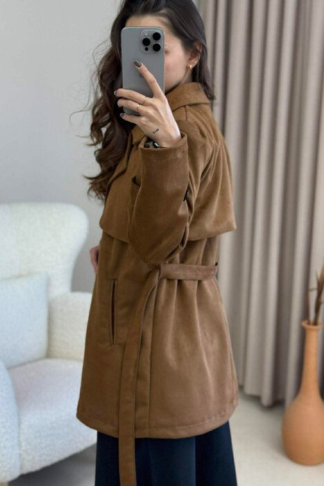 ONE COLOR LACING DETAIL SUEDE WOMEN COAT BROWN/KAFE - 3