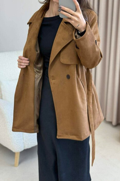 ONE COLOR LACING DETAIL SUEDE WOMEN COAT BROWN/KAFE - 4