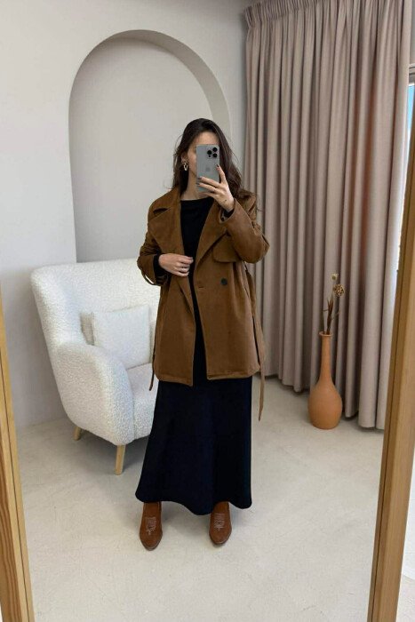 ONE COLOR LACING DETAIL SUEDE WOMEN COAT BROWN/KAFE - 5
