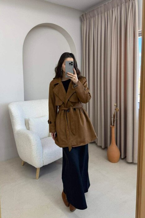 ONE COLOR LACING DETAIL SUEDE WOMEN COAT BROWN/KAFE - 6