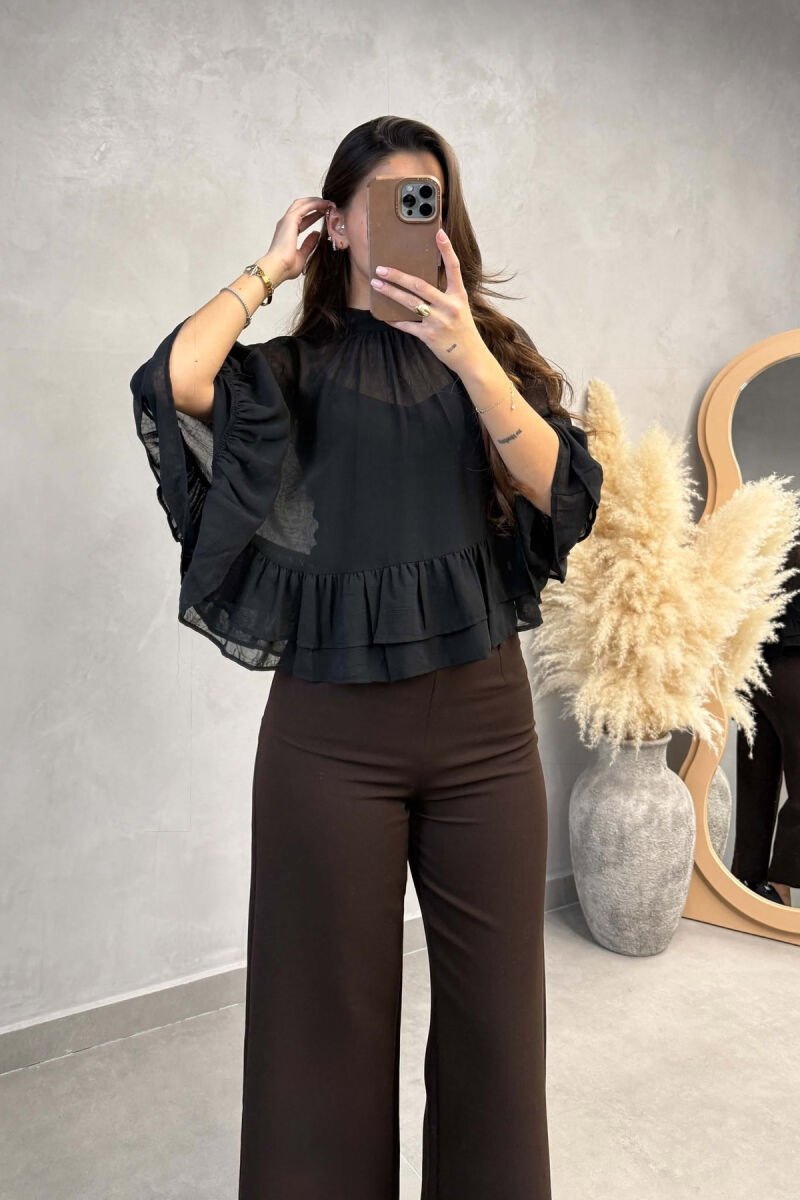 ONE COLOR LACING DETAIL TULLE WOMAN SHIRT BLACK/ E ZEZE - 1
