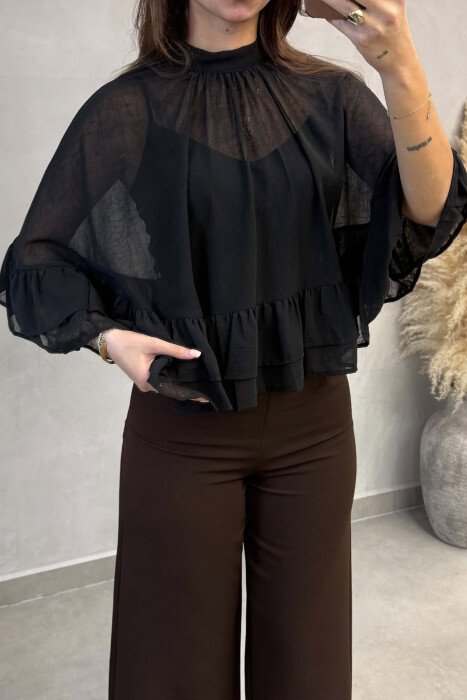 ONE COLOR LACING DETAIL TULLE WOMAN SHIRT BLACK/ E ZEZE - 2