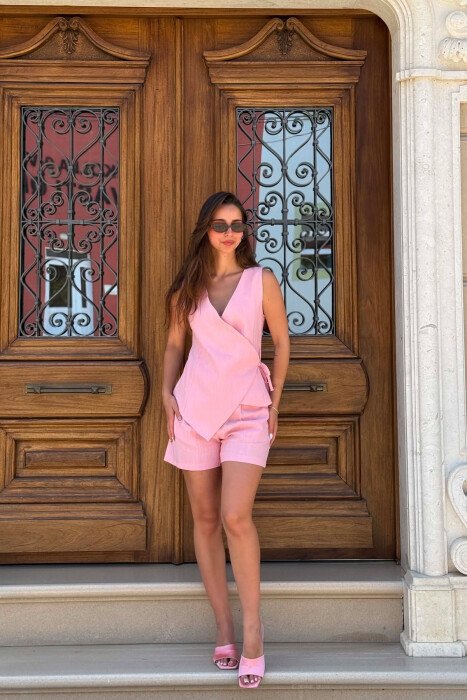 ONE COLOR LACING DETAIL VEST + SHORTS WOMAN SET PINK/ROZE - 2