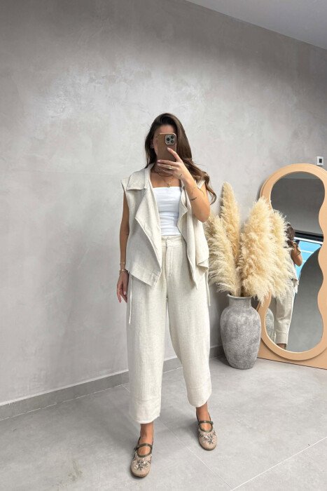 ONE COLOR LACING DETAIL VEST + TROUSERS WOMAN SET CREAM/KREM - 