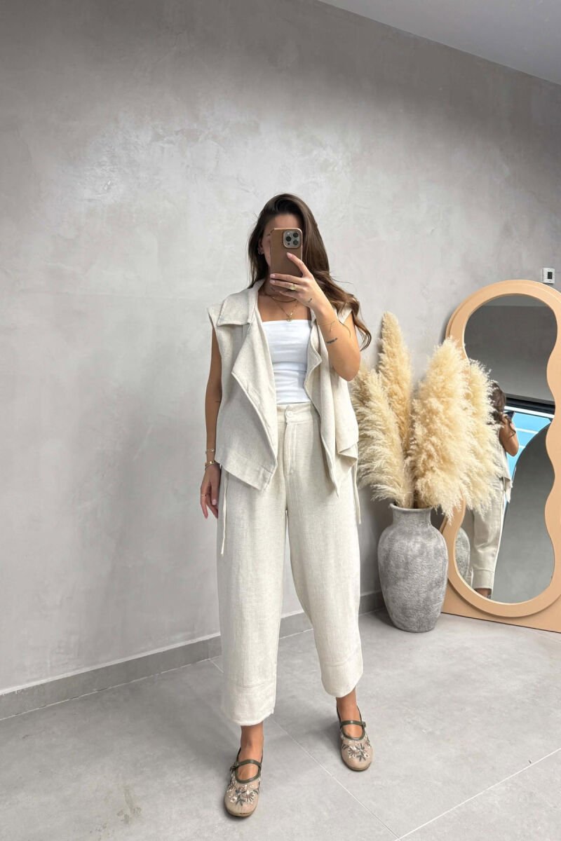 ONE COLOR LACING DETAIL VEST + TROUSERS WOMAN SET CREAM/KREM - 1
