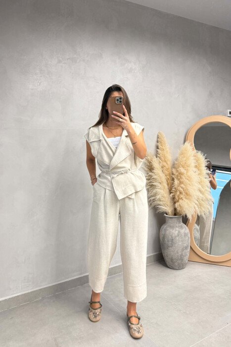ONE COLOR LACING DETAIL VEST + TROUSERS WOMAN SET CREAM/KREM - 2