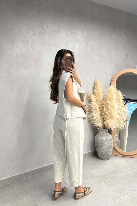 ONE COLOR LACING DETAIL VEST + TROUSERS WOMAN SET CREAM/KREM - 3