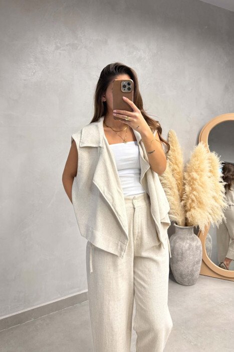 ONE COLOR LACING DETAIL VEST + TROUSERS WOMAN SET CREAM/KREM - 4