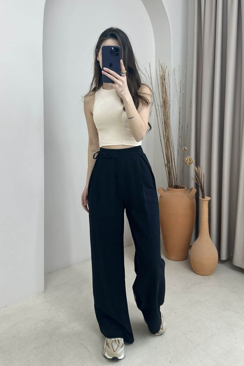 ONE COLOR LACING DETAIL WIDE LEG WOMEN TROUSERS BLACK/ E ZEZE - 1