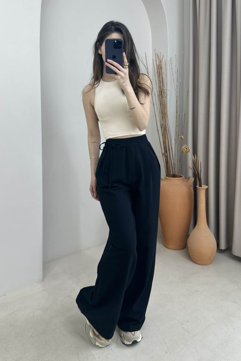 ONE COLOR LACING DETAIL WIDE LEG WOMEN TROUSERS BLACK/ E ZEZE - 2