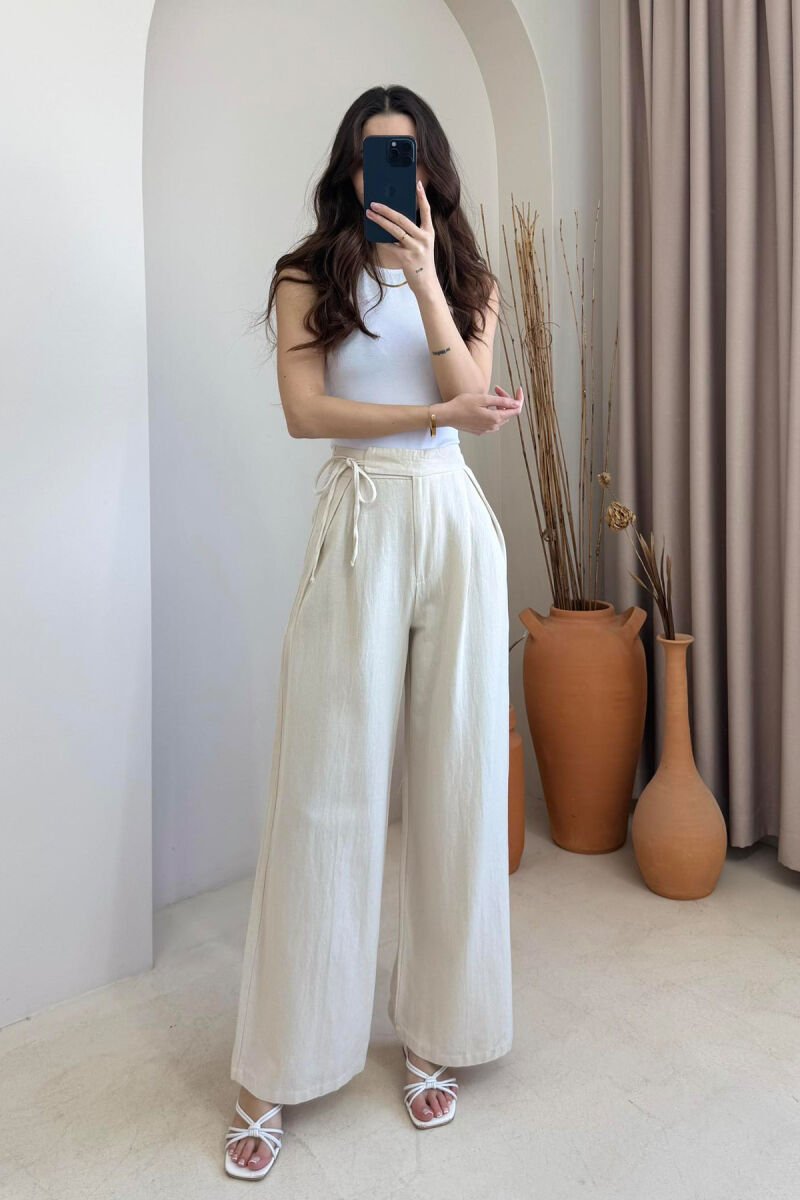 ONE COLOR LACING DETAIL WIDE LEG WOMEN TROUSERS CREAM/KREM - 1