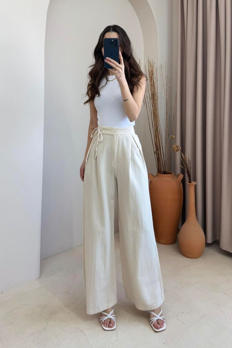 ONE COLOR LACING DETAIL WIDE LEG WOMEN TROUSERS CREAM/KREM - 2