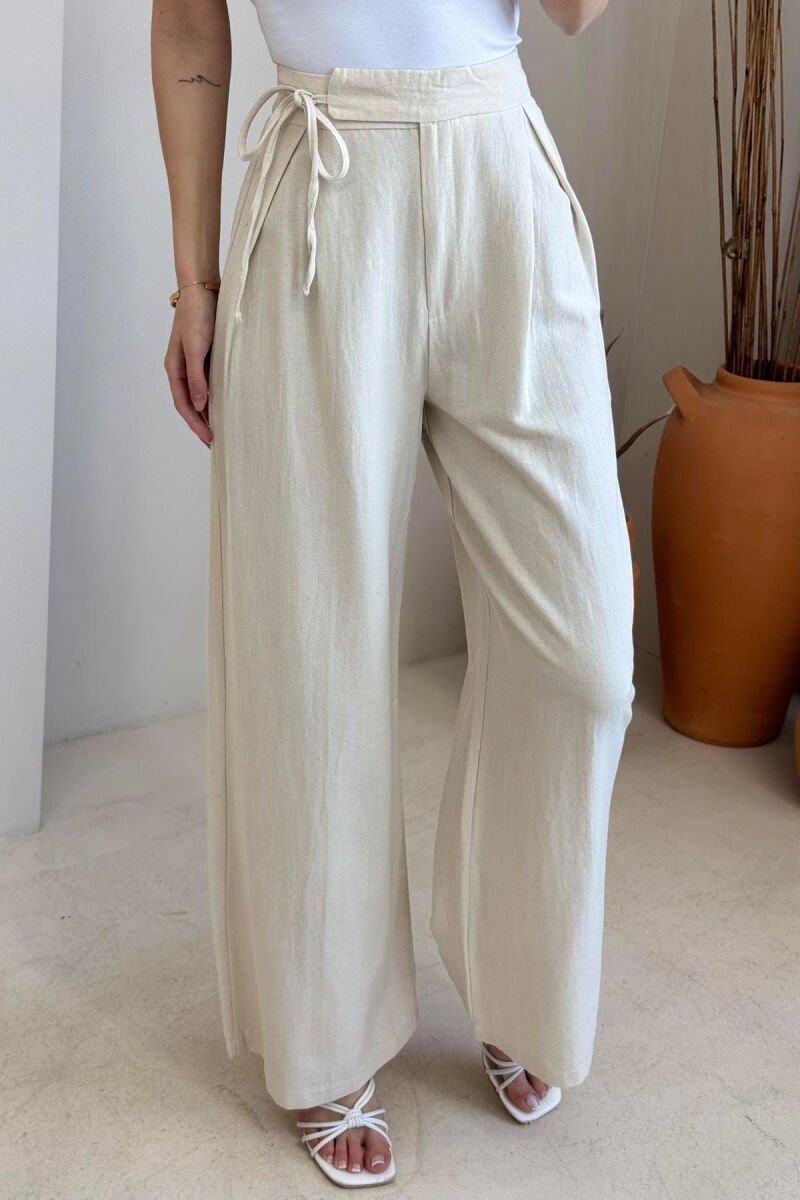 ONE COLOR LACING DETAIL WIDE LEG WOMEN TROUSERS CREAM/KREM - 3