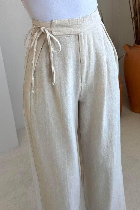ONE COLOR LACING DETAIL WIDE LEG WOMEN TROUSERS CREAM/KREM - 4
