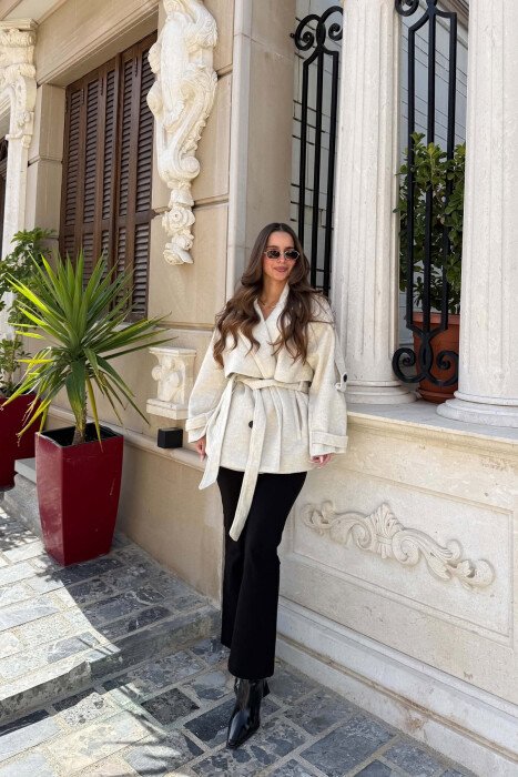 ONE COLOR LACING DETAIL WOMAN COAT CREAM/KREM - 6