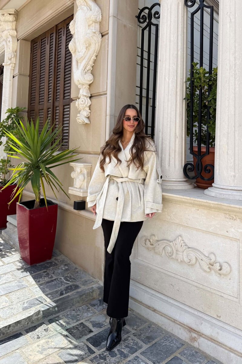 ONE COLOR LACING DETAIL WOMAN COAT CREAM/KREM - 6