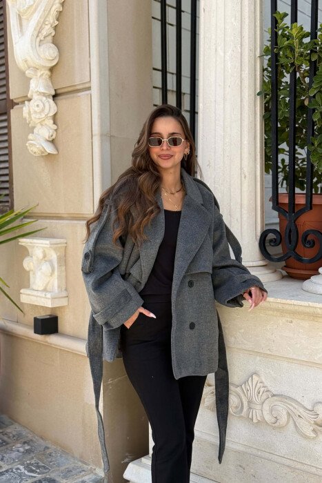 ONE COLOR LACING DETAIL WOMAN COAT DARK GREY/GEE 