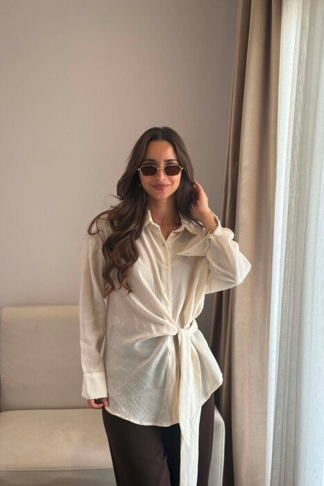 ONE COLOR LACING DETAIL WOMAN SHIRT CREAM/KREM - KLAUDIO FASHION