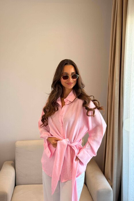 ONE COLOR LACING DETAIL WOMAN SHIRT PINK/ROZE - KLAUDIO FASHION