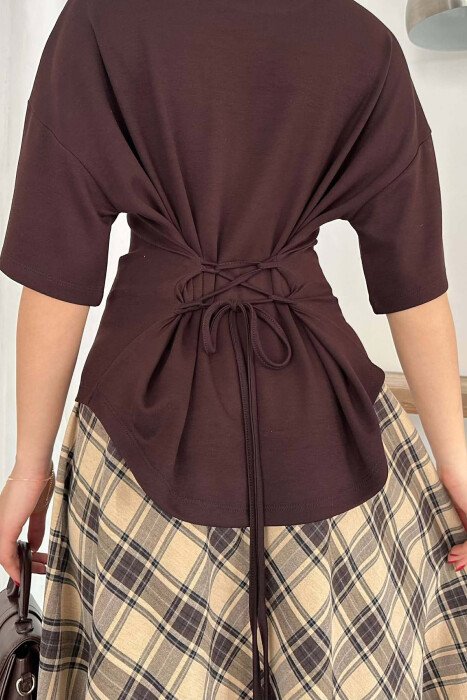 ONE COLOR LACING DETAIL WOMAN SWEATSHIRT BROWN/KAFE - 3