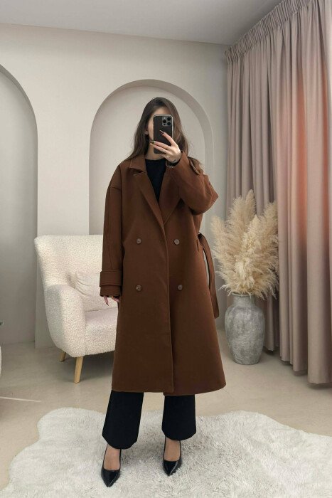 ONE COLOR LACING DETAIL WOMEN COAT BROWN/KAFE - 1