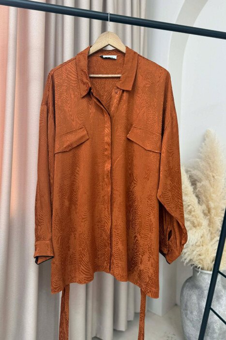 ONE COLOR LACING DETAIL WOMEN SHIRT BRICK/TULLE - KLAUDIO FASHION