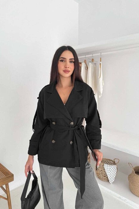 ONE COLOR LACING DETAIL WOMEN TRENCH COAT BLACK/ E ZEZE - KLAUDIO FASHION