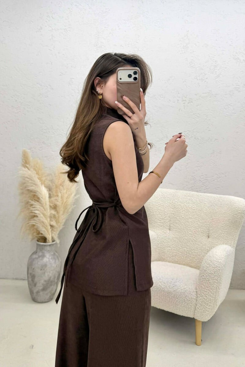 ONE COLOR LACING DETAILS SWEATSHIRT + TROUSERS WOMAN TWO PIECE SET BROWN/KAFE - 2